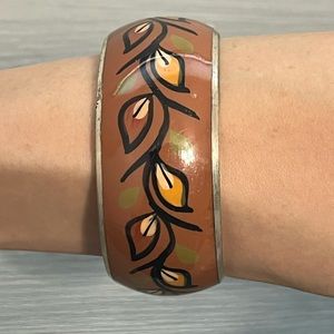 Vintage Silver and Brown Enamel Bangle Bracelet with Flower Design, Boho